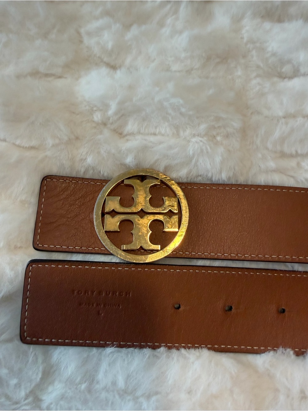 Tory Burch Brown Leather Belt with Gold Logo Buckle